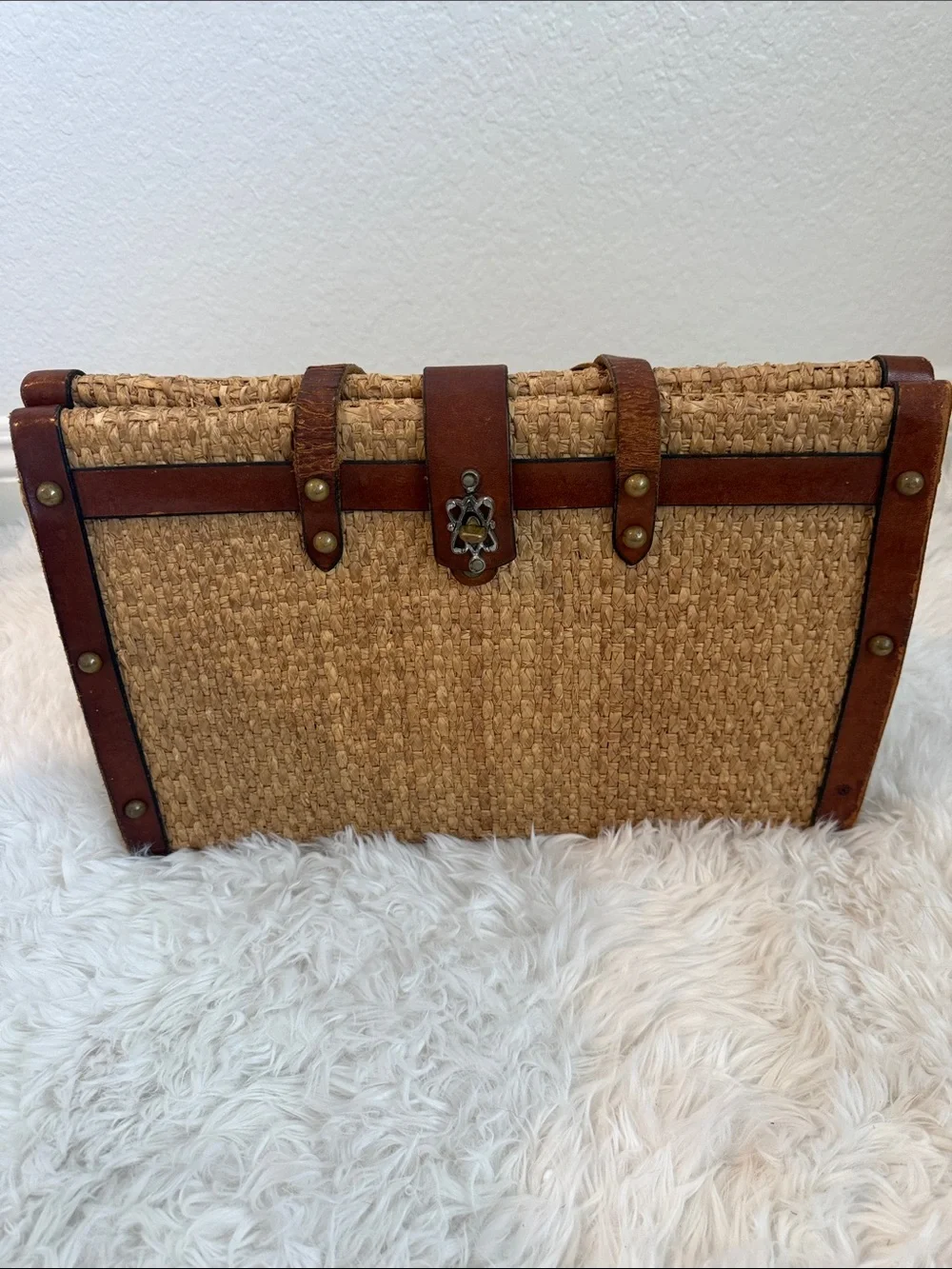 1960’s John Romain Bohemian Straw Attaché Bag  with Brown Leather Trim